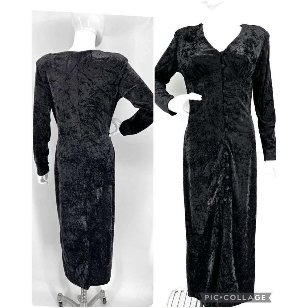 Vintage 90s Crushed Velvet Black‎ Gothic Morticia Addams Maxi Dress Size M